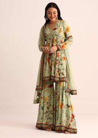 Pista Green Embroidered Georgette Kurta Sharara With Dupatta