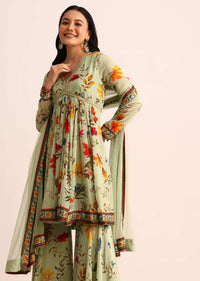 Pista Green Embroidered Georgette Kurta Sharara With Dupatta