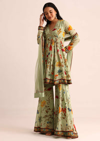 Pista Green Embroidered Georgette Kurta Sharara With Dupatta