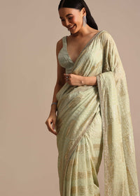 Pista Green Embroidered Georgette Saree With Unstitched Blouse