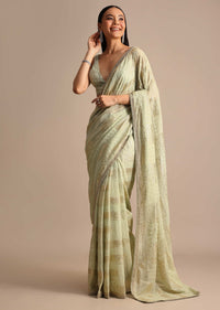 Pista Green Embroidered Georgette Saree With Unstitched Blouse