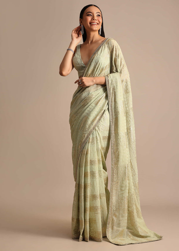 Pista Green Embroidered Georgette Saree With Unstitched Blouse