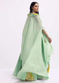 Pista Green Embroidered Silk Lehenga Set With Cape