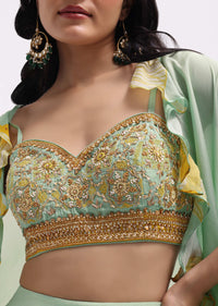 Pista Green Embroidered Silk Lehenga Set With Cape