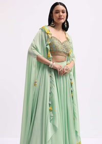 Pista Green Embroidered Silk Lehenga Set With Cape