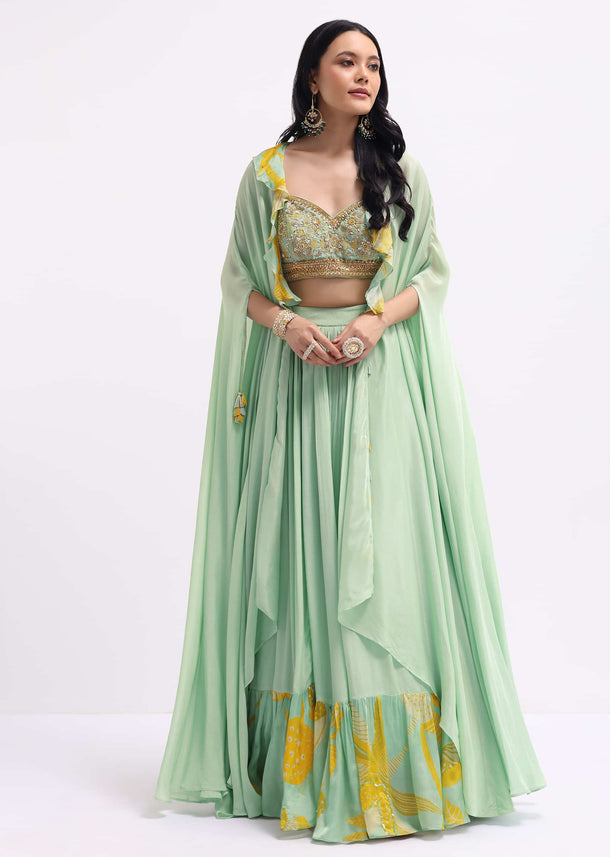 Pista Green Embroidered Silk Lehenga Set With Cape