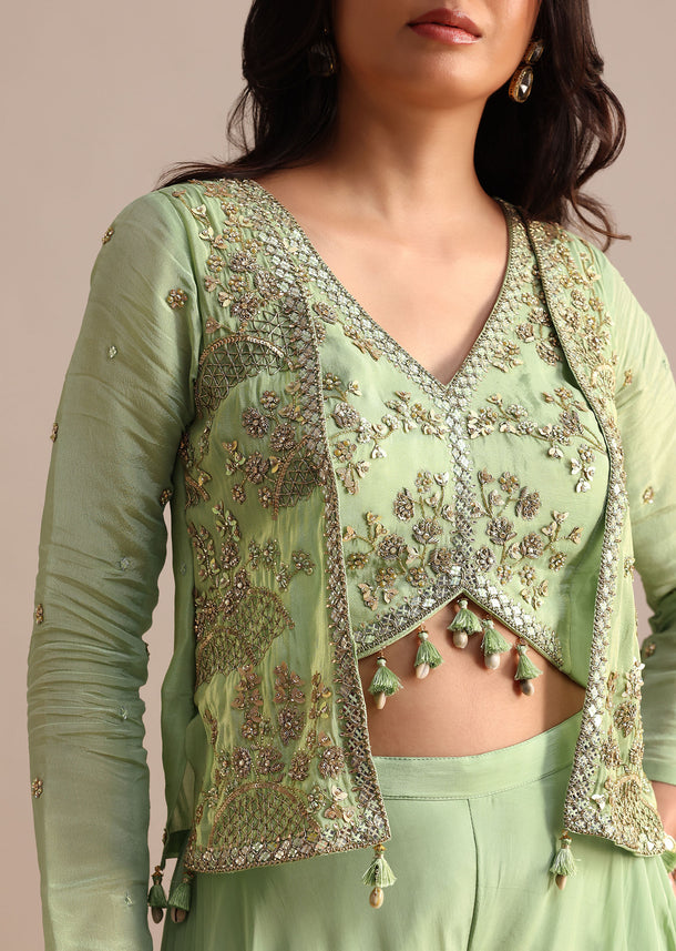 Pista Green Embroidered Tissue Crop Top And Palazzo Suit