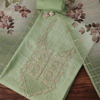 Pista Green Gotta Patti Embroidered Chanderi Silk Top With Organza Floral Printed Unstitched Dress Material