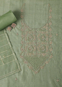 Pista Green Gotta Patti Embroidered Chanderi Silk Top With Organza Floral Printed Unstitched Dress Material
