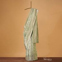 Pista Green Handloom Banarasi Saree In Katan Silk With Meenakari Weave And Unstitched Blouse