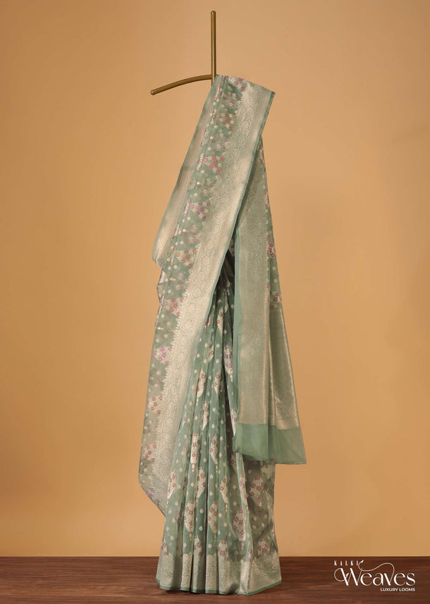 Pista Green Handloom Banarasi Saree In Kora Silk With Meenakari Weave