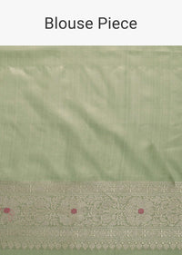 Pista Green Handloom Banarasi Saree In Katan Silk With Meenakari Weave And Unstitched Blouse