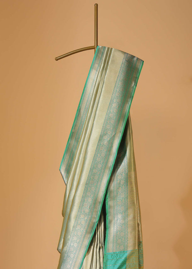 Pista Green Handloom Banarasi Saree In Uppada Silk WIth Brocade Gold Weave And Unstitched Blouse