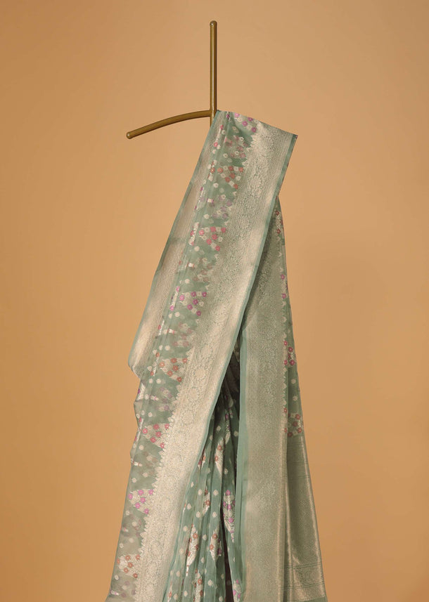 Pista Green Handloom Banarasi Saree In Kora Silk With Meenakari Weave