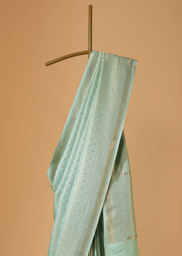 Pista Green Handloom Banarasi Saree In Satin Crepe With Gold Zari Weave And Unstitched Blouse