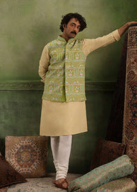 Pista Green Jacket Kurta Set In Art Silk With Threadwork