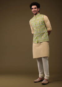 Pista Green Jacket Kurta Set In Art Silk With Threadwork