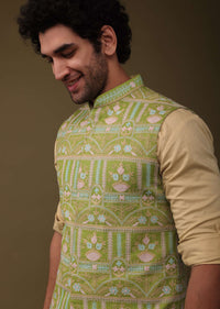 Pista Green Jacket Kurta Set In Art Silk With Threadwork