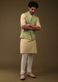 Pista Green Jacket Kurta Set In Art Silk With Threadwork