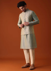 Pista Green Jacket Kurta Set In Silk With Zari And Thread Work