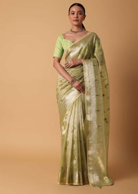 Pista Green Kora Silk Saree With Resham Motifs And Unstitched Blouse Piece