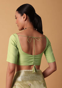 Pista Green Kora Silk Saree With Resham Motifs And Unstitched Blouse Piece