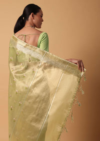 Pista Green Kora Silk Saree With Resham Motifs And Unstitched Blouse Piece