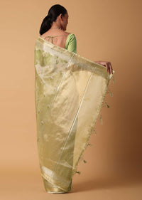Pista Green Kora Silk Saree With Resham Motifs And Unstitched Blouse Piece