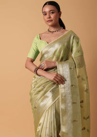 Pista Green Kora Silk Saree With Resham Motifs And Unstitched Blouse Piece