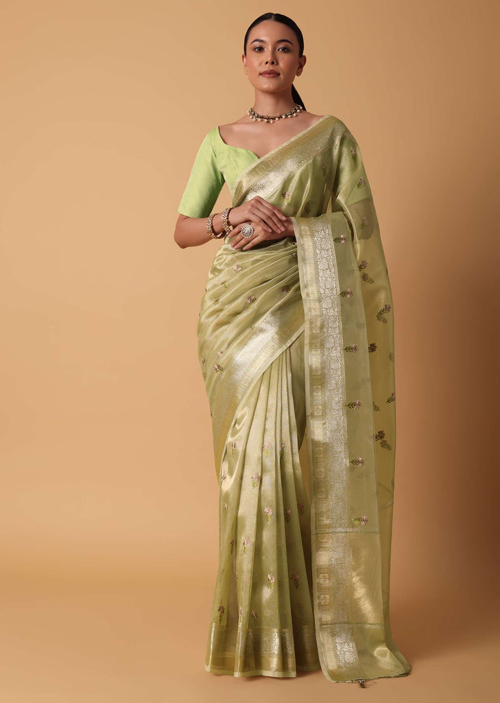 Pista Green Kora Silk Saree With Resham Motifs And Unstitched Blouse Piece