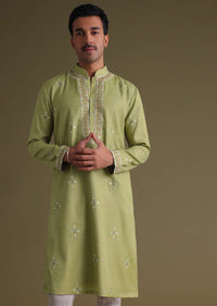 Pista Green Kurta Set In Silk With Mirror Embroidery