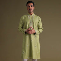 Pista Green Kurta Set In Silk With Mirror Embroidery