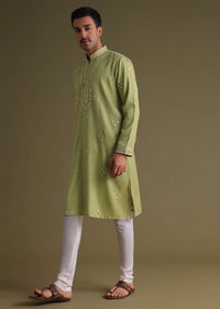 Pista Green Kurta Set In Silk With Mirror Embroidery