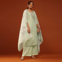 Pista Green Kurti Palazzo Set In Chanderi Silk With Gotta Work