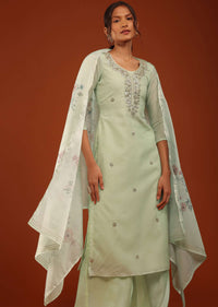 Pista Green Kurti Palazzo Set In Chanderi Silk With Gotta Work