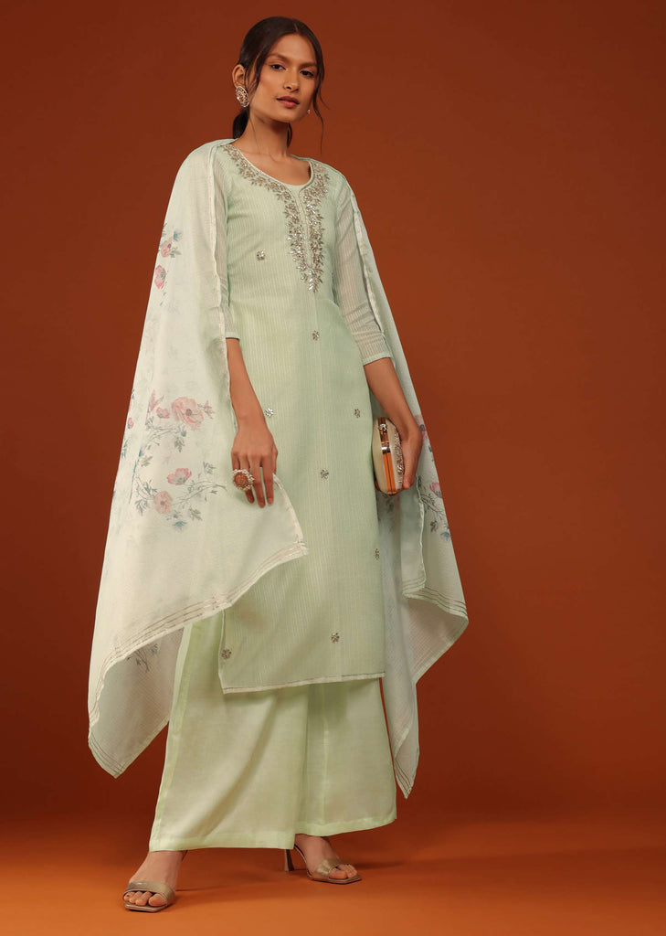 Pista Green Kurti Palazzo Set In Chanderi Silk With Gotta Work