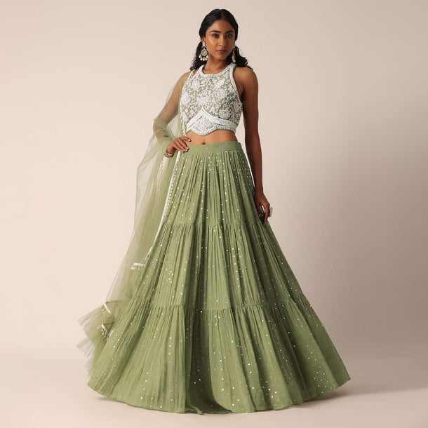 Pista Green Lehenga Set With Embroidered Blouse