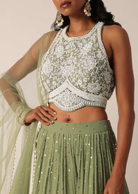 Pista Green Lehenga Set With Embroidered Blouse