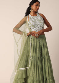 Pista Green Lehenga Set With Embroidered Blouse