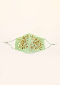 Pista Green Mask In Raw Silk With Gotta Patti And Zardosi Embroidered Floral Design