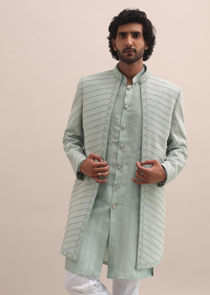 Pista Green Moti Embroidered Indowestern For Men