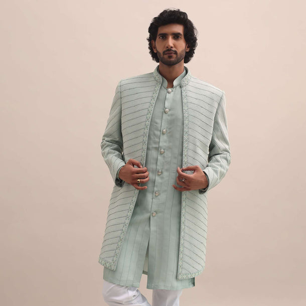 Pista Green Moti Embroidered Indowestern For Men