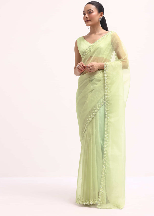 Pista Green Organza Saree In Sequins With Unstitched Blouse