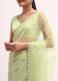 Pista Green Organza Saree In Sequins With Unstitched Blouse