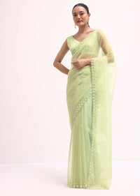Pista Green Organza Saree In Sequins With Unstitched Blouse