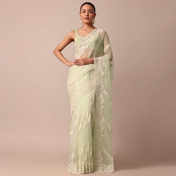 Pista Green Organza Silk Chikankari Saree With Bead Work And Unstitched Blouse Fabric