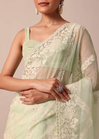 Pista Green Organza Silk Chikankari Saree With Bead Work And Unstitched Blouse Fabric