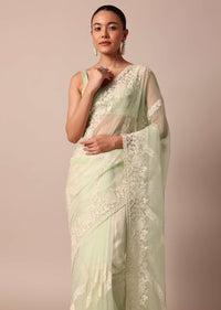 Pista Green Organza Silk Chikankari Saree With Bead Work And Unstitched Blouse Fabric