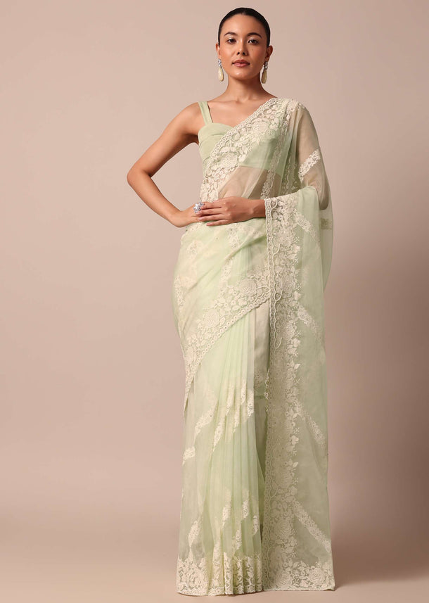 Pista Green Organza Silk Chikankari Saree With Bead Work And Unstitched Blouse Fabric