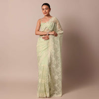Pista Green Organza Silk Chikankari Saree With Floral Thread Jaal Work And Unstitched Blouse Fabric
